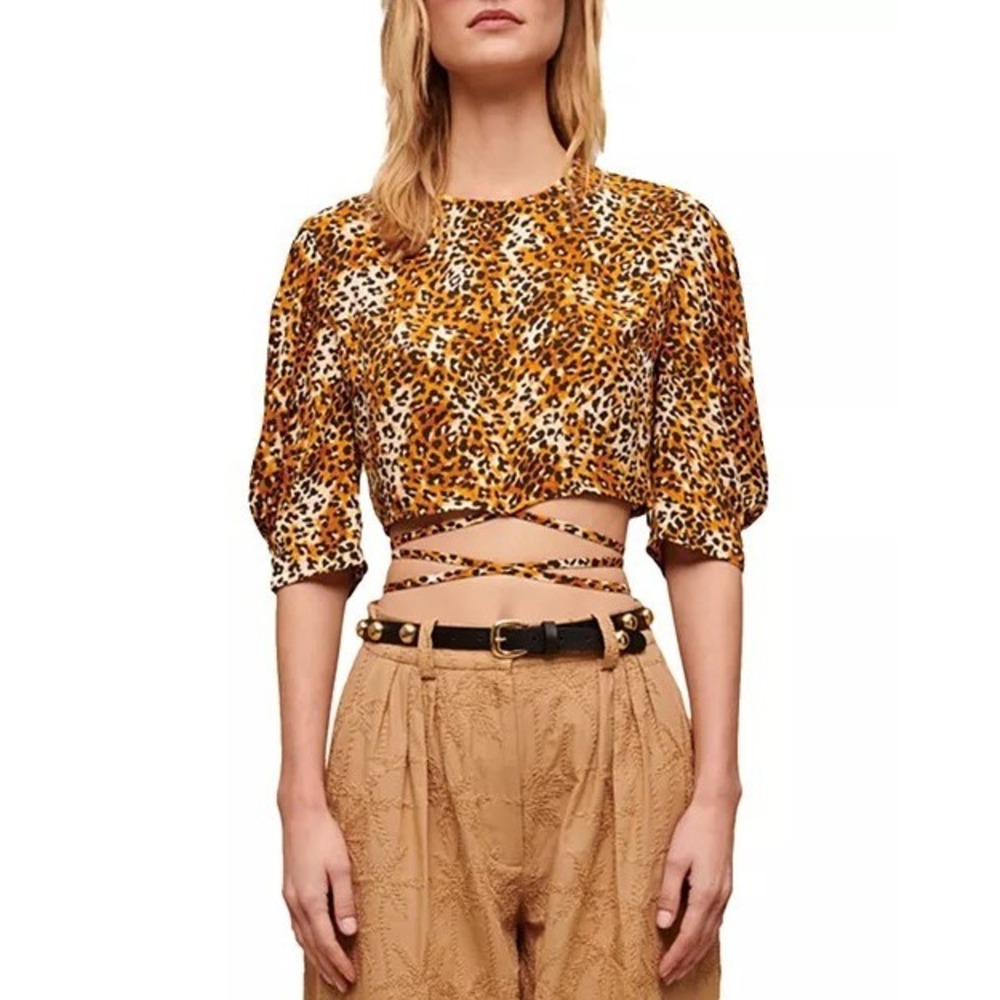 Maje Lipard Leopard Print Wrap Crop Top Sz 3/L Puff Sleeve Tie Waist NWT $265